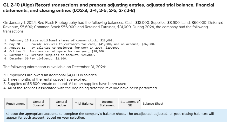  GL 2-10(Algo) Record transactions and prepare adjusting entries, adjusted trial balance,