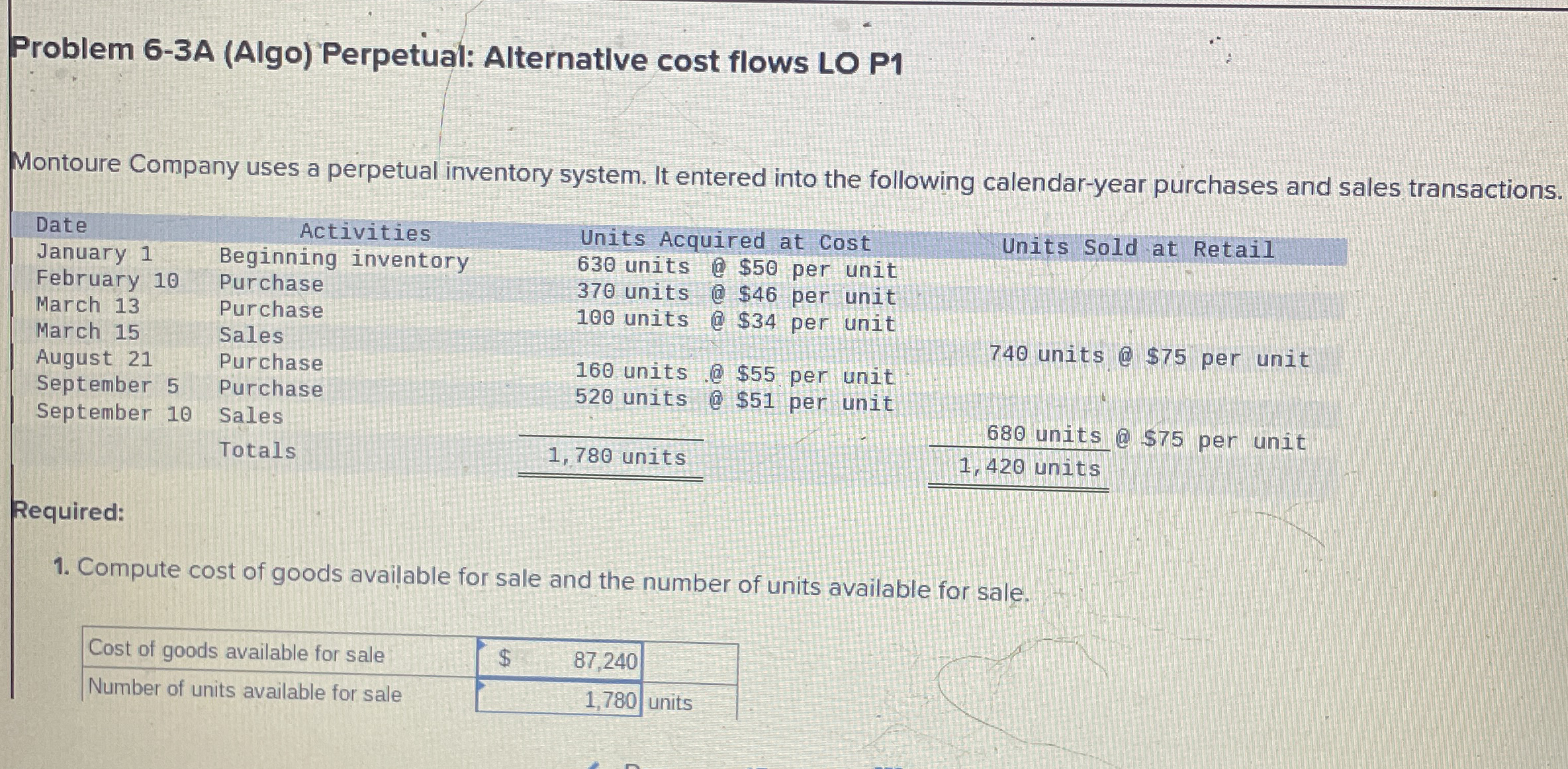  Problem 6-3A (Algo) Perpetual: Alternative cost flows LO P1 Montoure Company