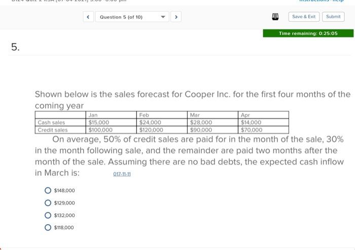  Question 5 (of 10) Save & Exit Submit Time remaining: 0:25:05