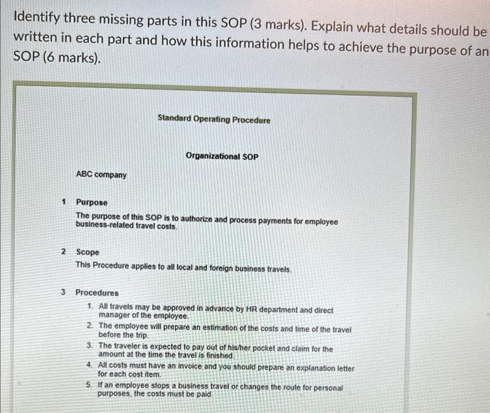  Identify three missing parts in this SOP ( 3 marks). Explain