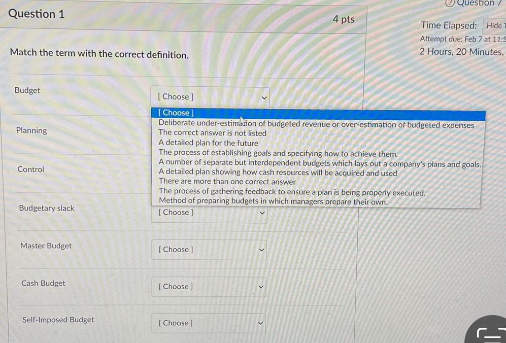 match correct term Question Question 1 4 pts Time Elapsed: Hide 1