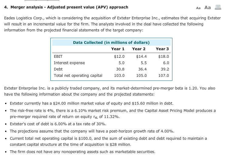  4. Merger analysis - Adjusted present value (APV) approach Aa Aa