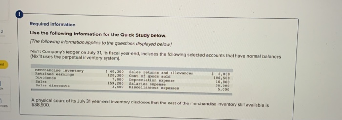  Required information Use the following information for the Quick Study below.