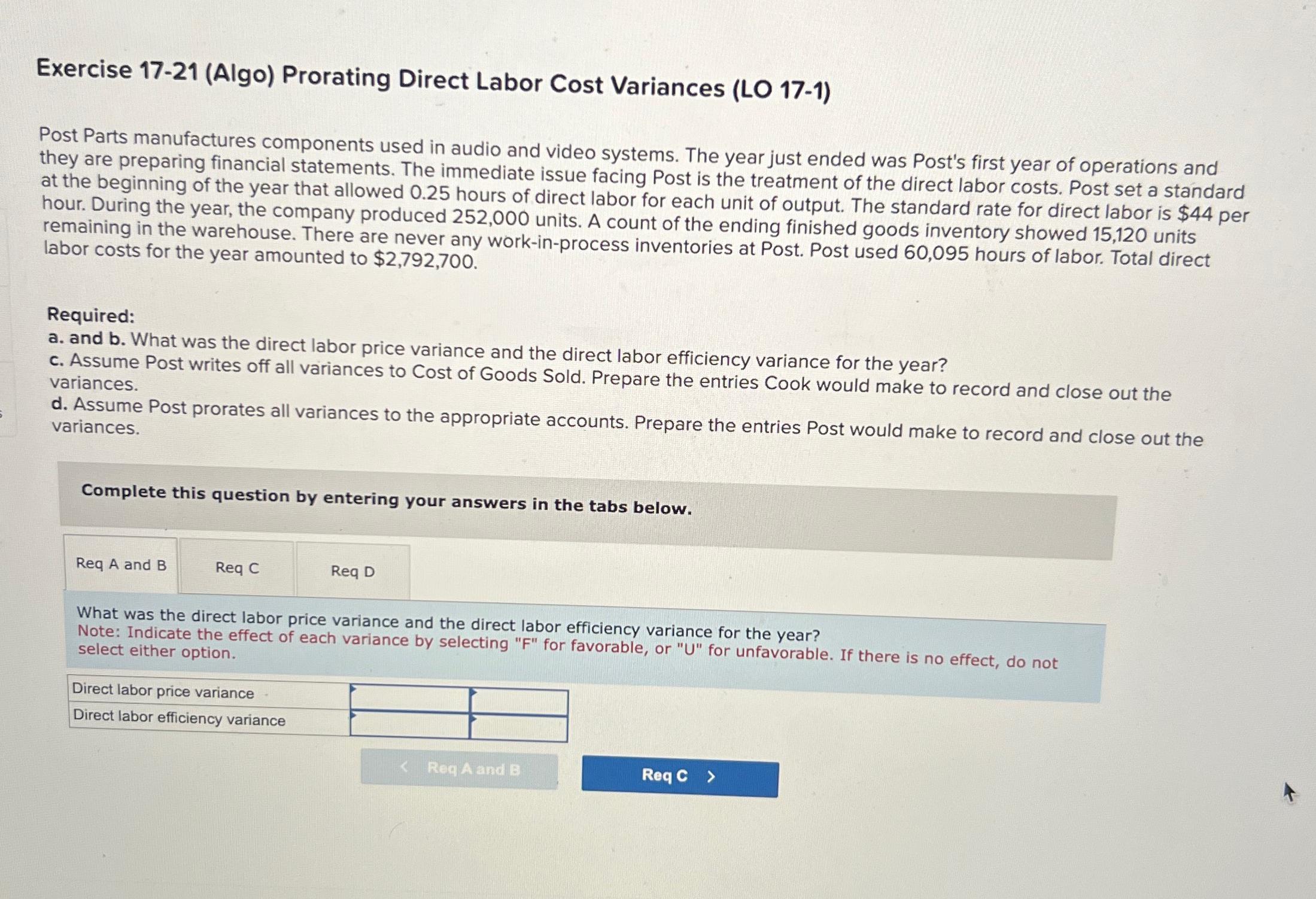  Exercise 17-21(Algo) Prorating Direct Labor Cost Variances (LO 17-1) Post Parts
