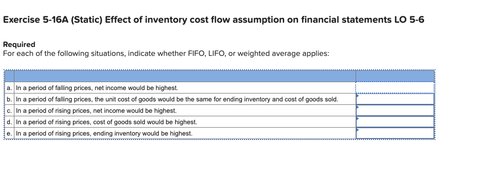  Exercise 5-16A (Static) Effect of inventory cost flow assumption on financial