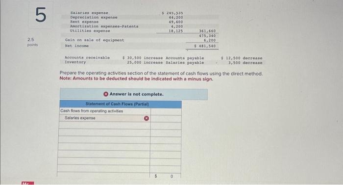 statement of cash flows using the direct method. Note: Amounts to be
