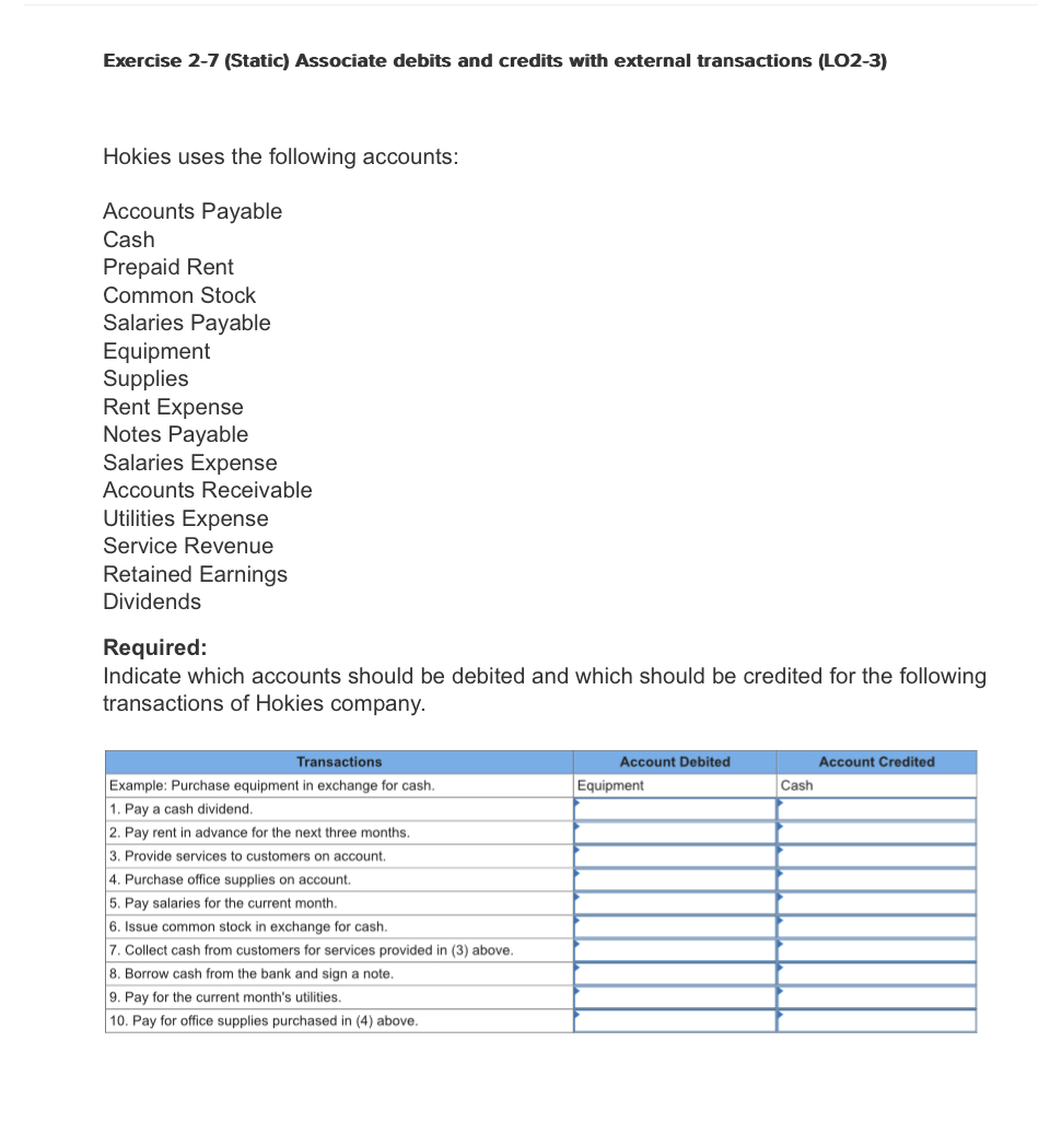 Exercise 2-7(Static) Associate debits and credits with external transactions (LO2-3) Hokies