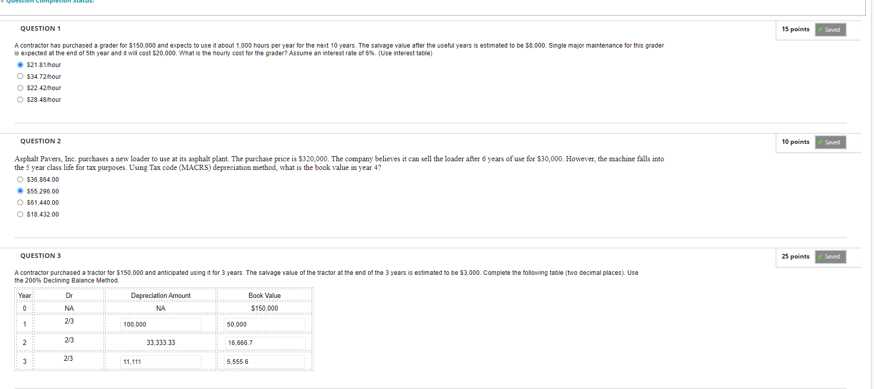  completion Status QUESTION 1 15 points Saved A contractor has purchased