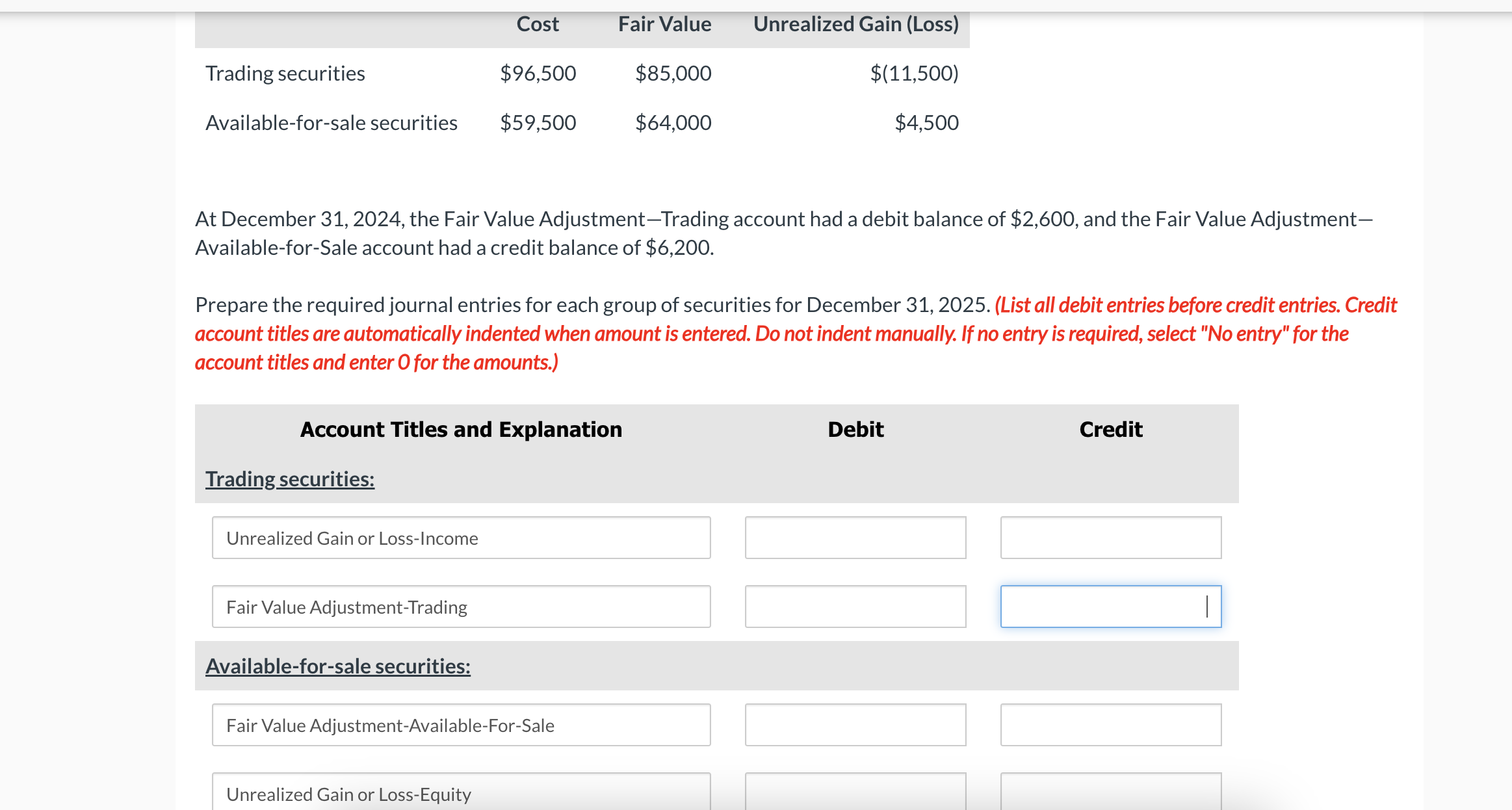  At December 31,2024, the Fair Value Adjustment-Trading account had a debit
