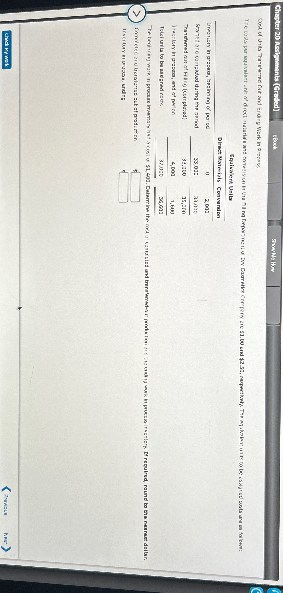  Chapter 20 Assignments (Graded) eBook Show Me How Cost of Units