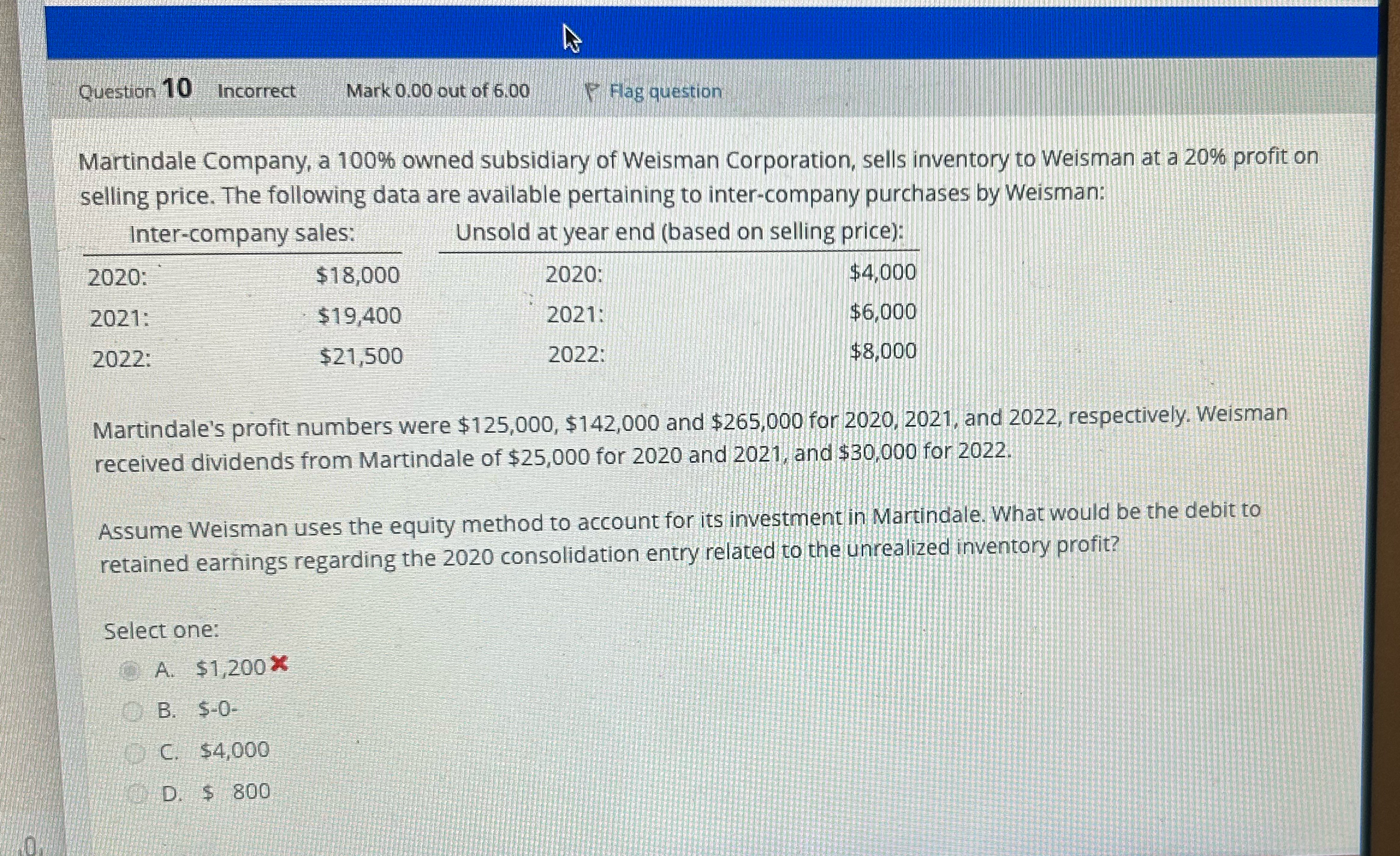  Question 10 Incorrect Mark 0.00 out of 6.00 Flag question Martindale
