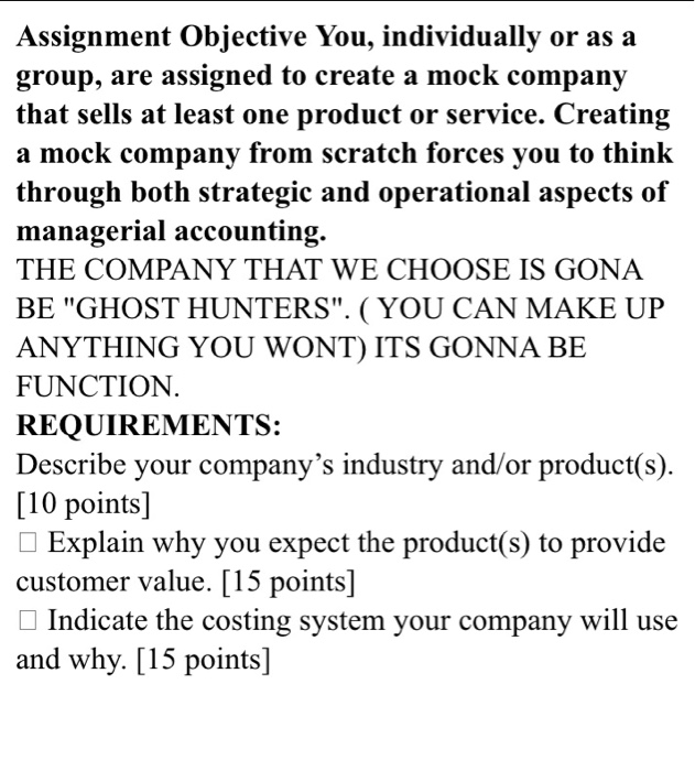  Please help me answer my accounting problem Assignment Objective You, individually