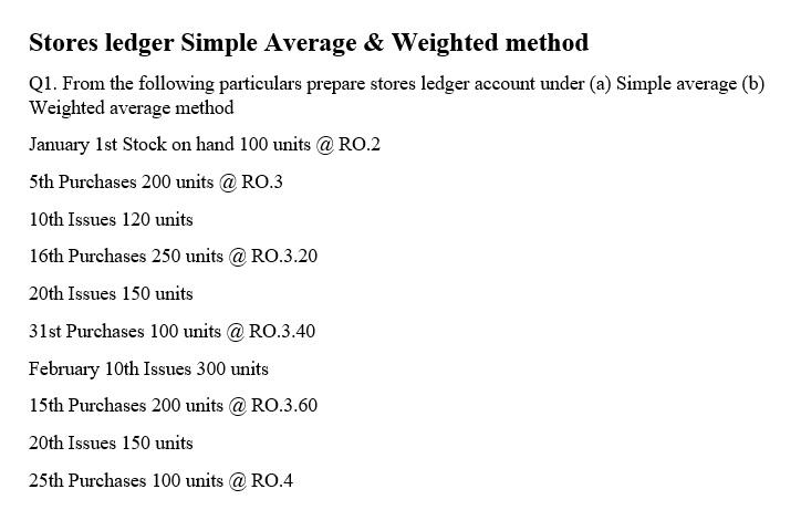  Stores ledger Simple Average \& Weighted method Q1. From the following
