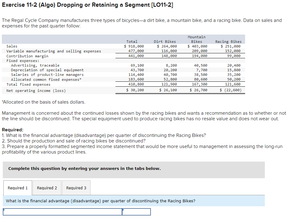  Exercise 11-2 (Algo) Dropping or Retaining a Segment [LO11-2] The Regal