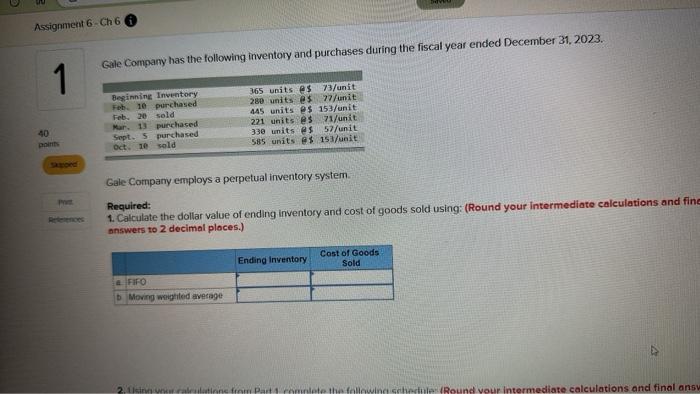  Assignment 6-Ch 6 i 1 40 points Skipped Print References Gale