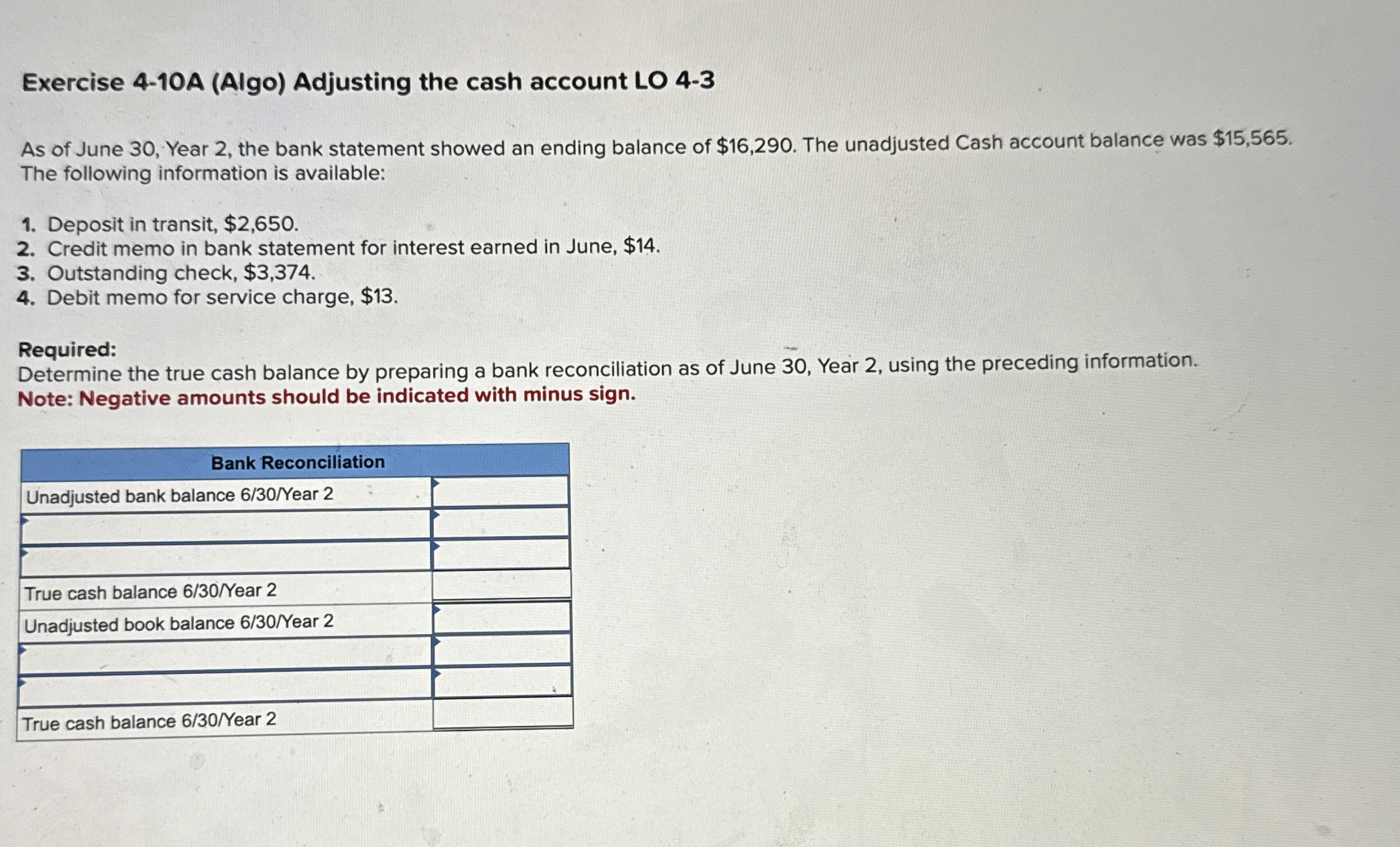  Exercise 4-10A (Algo) Adjusting the cash account LO 4-3 As of