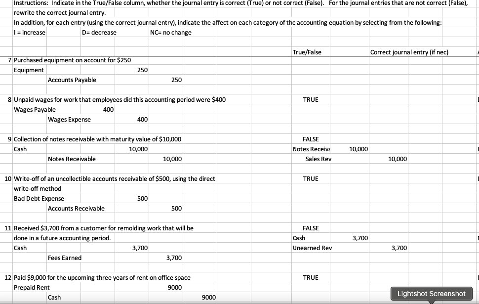 Instructions: Indicate in the True/False column, whether the journal entry is