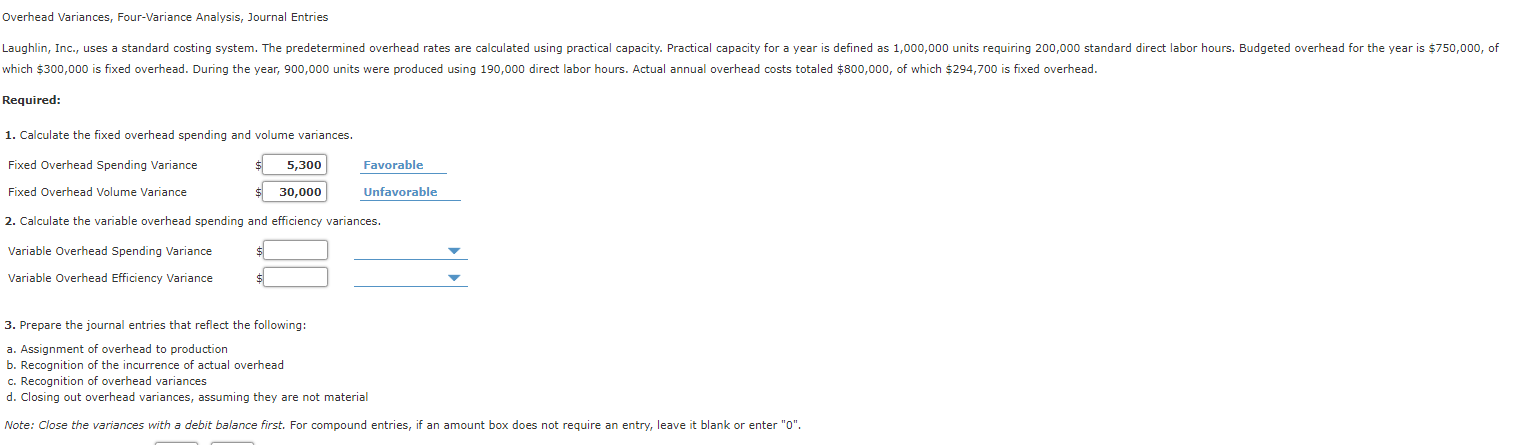 Overhead Variances, Four-Variance Analysis, Journal Entries Laughlin, Inc., uses a standard costing
