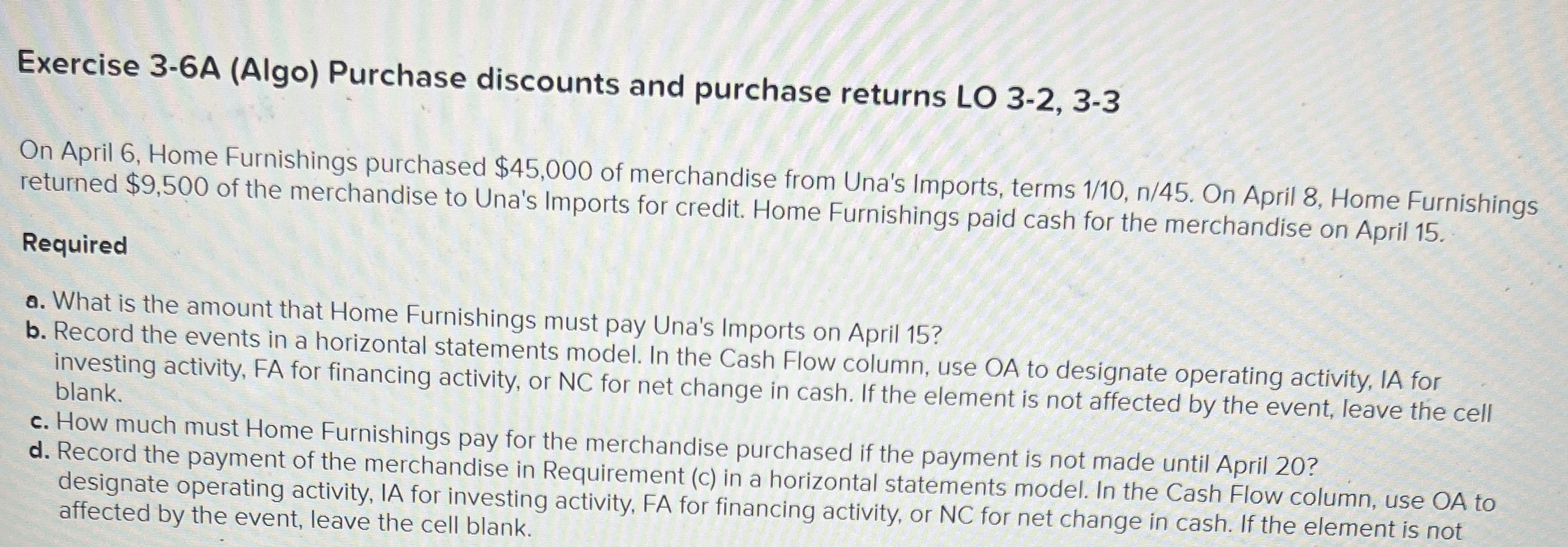  Exercise 3-6A (Algo) Purchase discounts and purchase returns LO 3-2,3-3 On