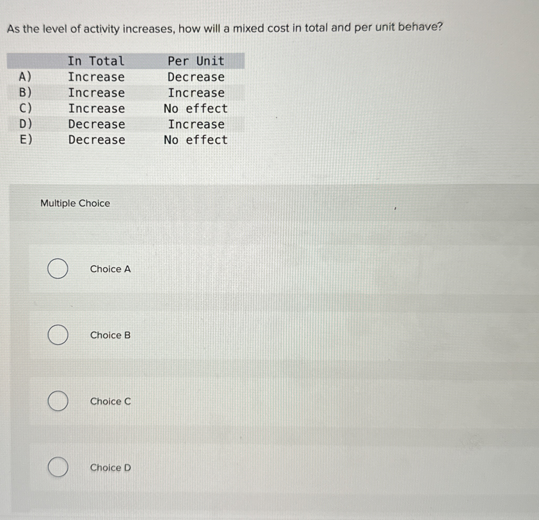  As the level of activity increases, how will a mixed cost
