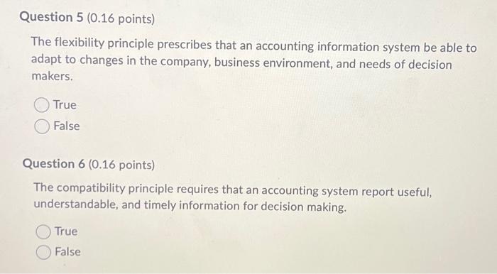 of accounting information systems. True False Question 4 (0.16 points) Internal controls