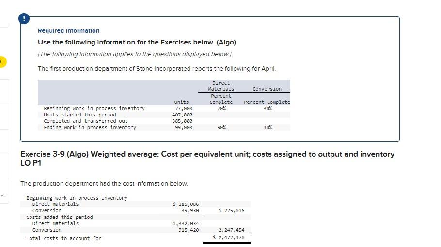 up ! Required Information Use the following Information for the Exercises below.