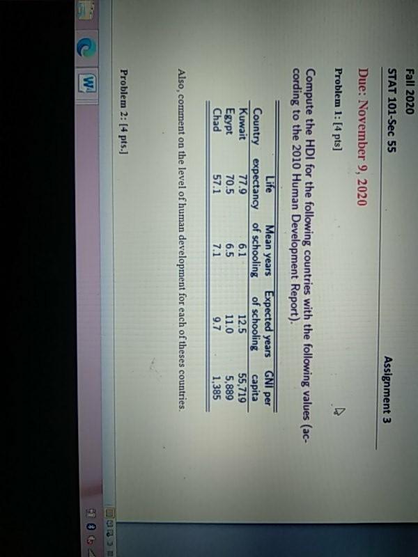 Fall 2020 STAT 101-Sec 55 Assignment 3 Due: November 9, 2020