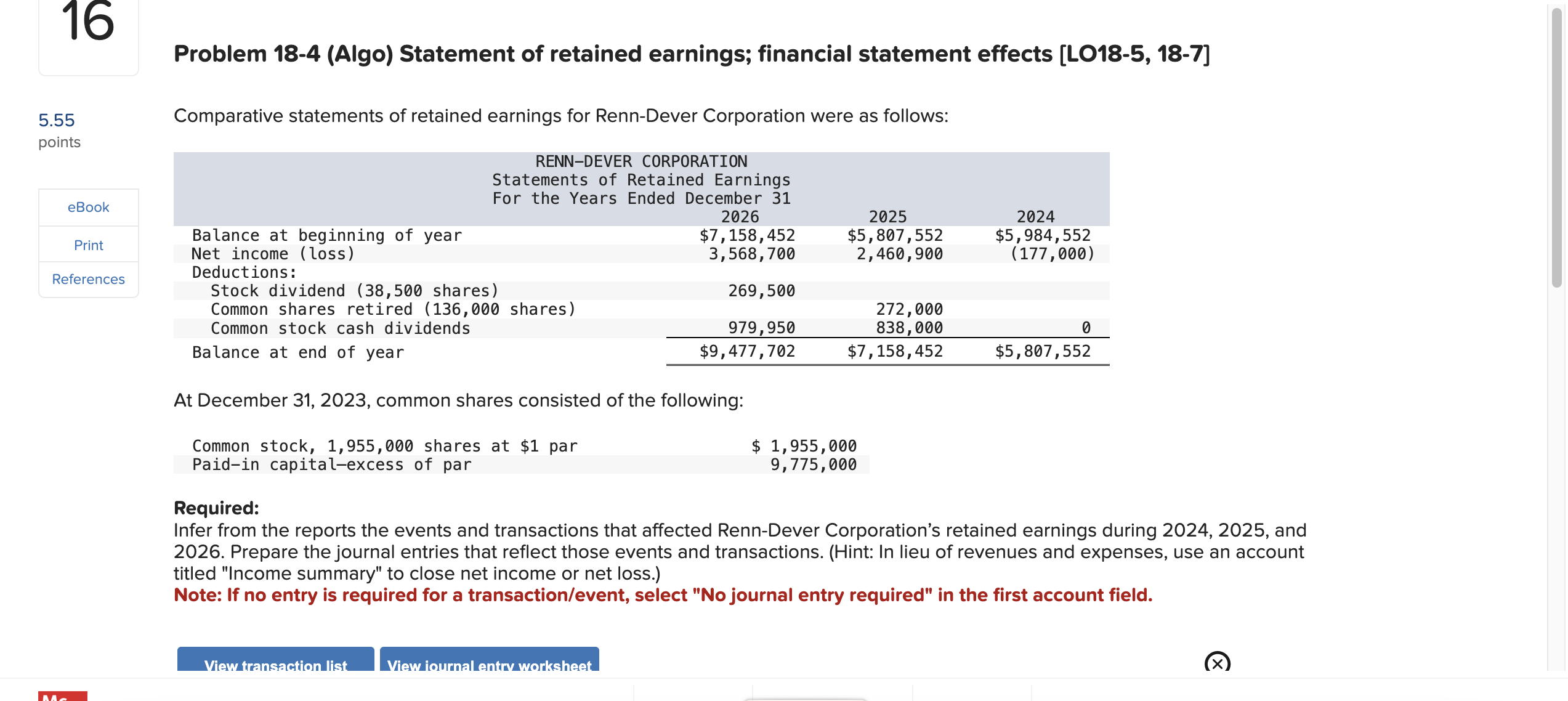  Problem 18-4(Algo) Statement of retained earnings; financial statement effects [LO18-5,18-7]16 5.55