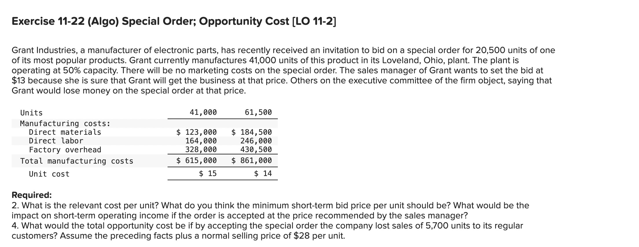  Exercise 11-22(Algo) Special Order; Opportunity Cost [LO 11-2] Grant Industries, a
