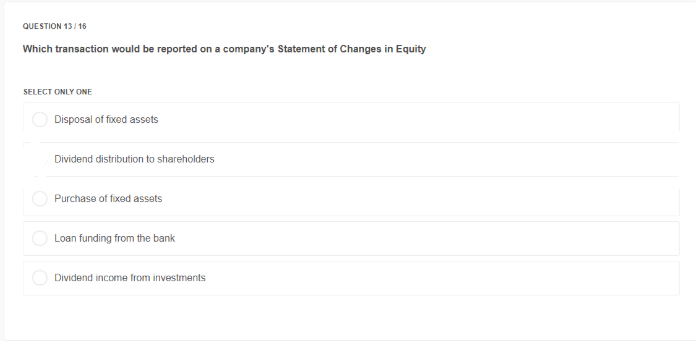 QUESTION 13/15 Which transaction would be reported on a company's Statement