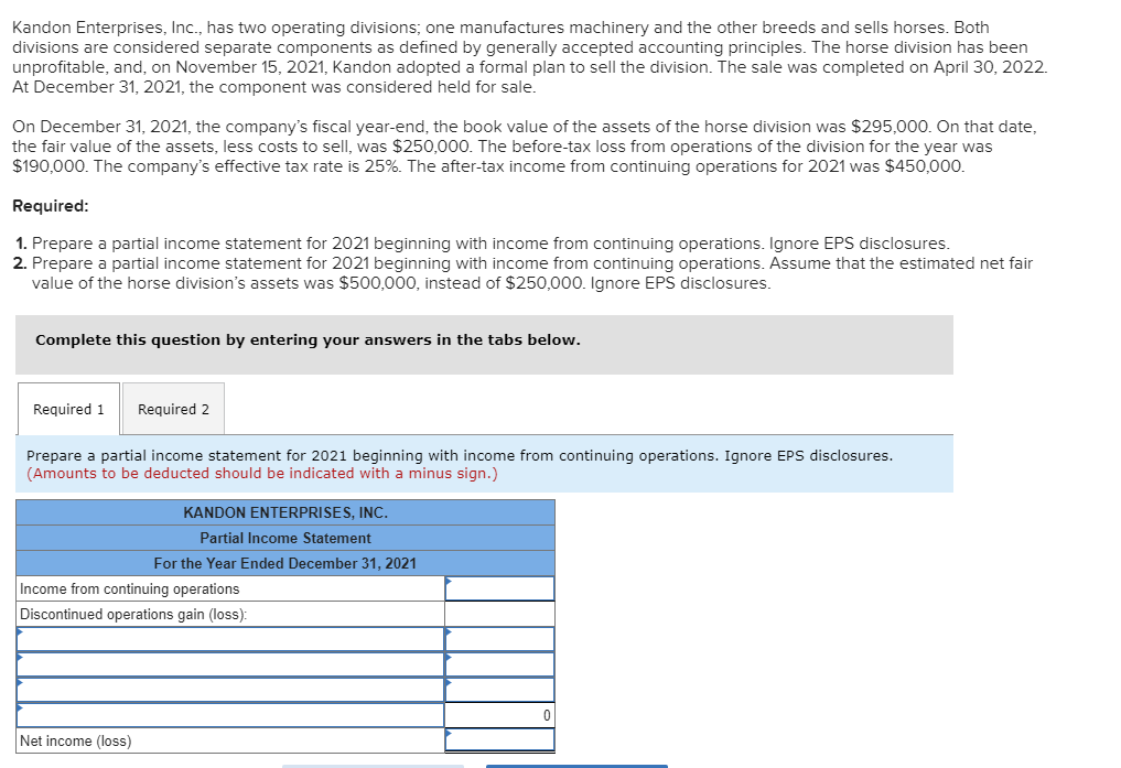 Please do the two requirements Kandon Enterprises, Inc., has two operating divisions,