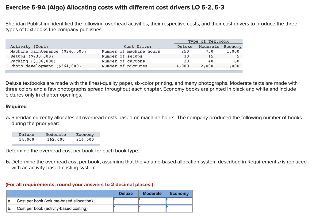  Exercise 5-9A (Algo) Allocating costs with different cost drivers LO 5-2,5-3