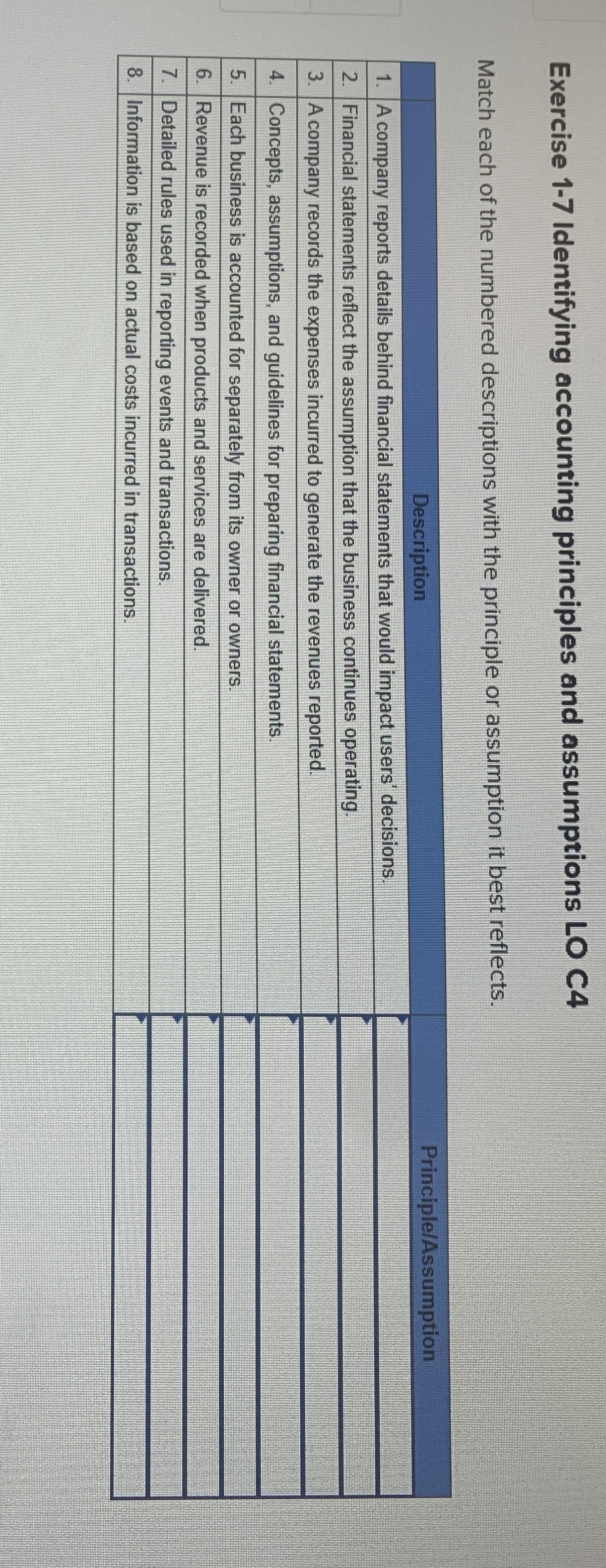  Exercise 1-7 Identifying accounting principles and assumptions LO C4 Match each