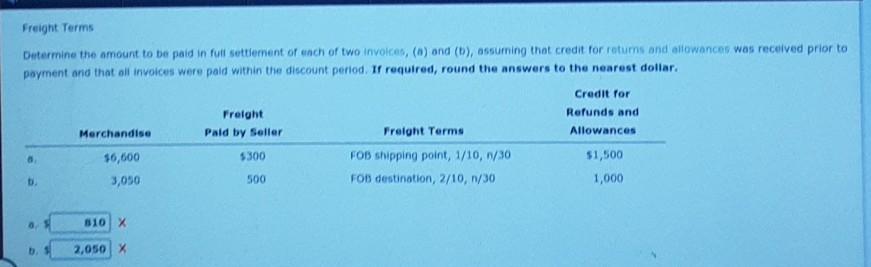  please help Freight Terms Determine the amount to be paid in
