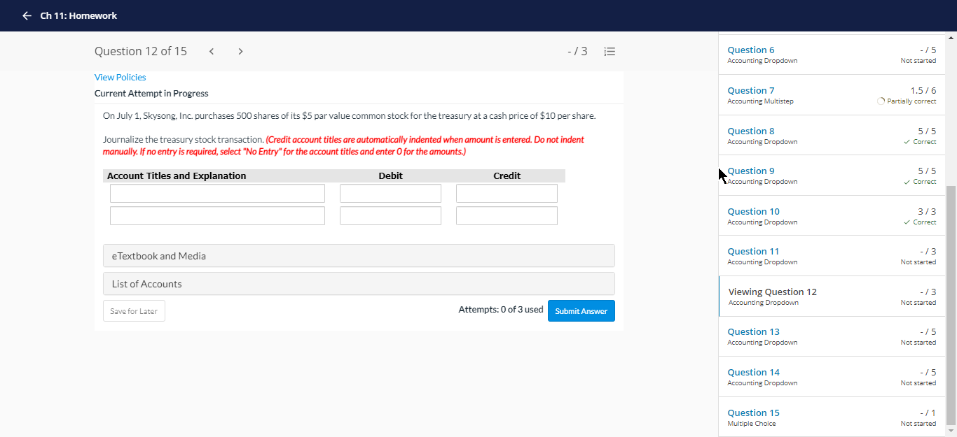  + Ch 11: Homework Question 12 of 15 -/3 E Question