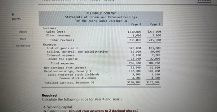 ratios for Year 4 and Year 3 . o. Working capital. h.