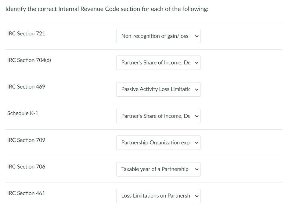  Identify the correct Internal Revenue Code section for each of the