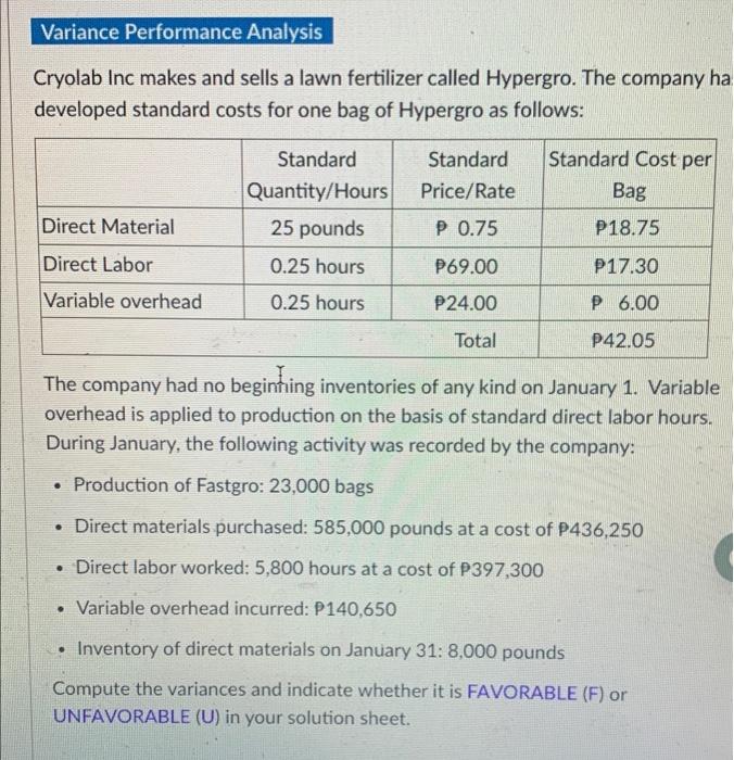 With complete solution please Variance Performance Analysis Cryolab Inc makes and sells