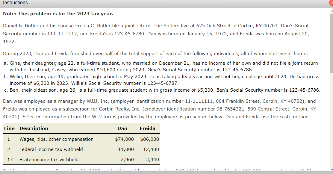  Question Content Area Note: This problem is for the 2023 tax