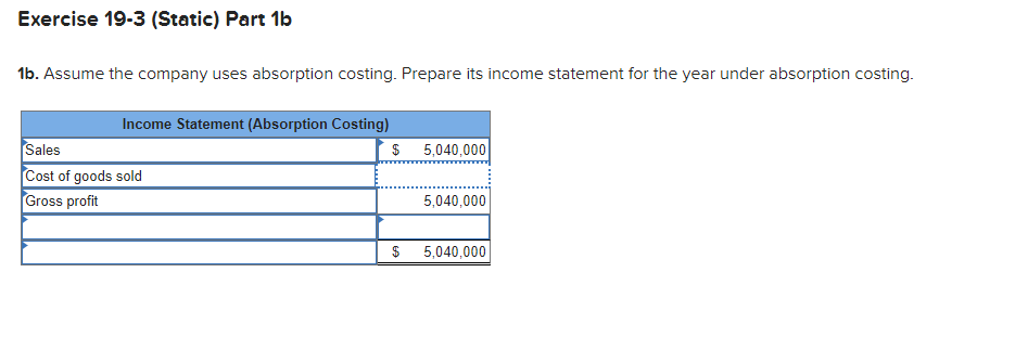 Exercise 19-3 (Static) Income statement under absorption costing and variable costing LO
