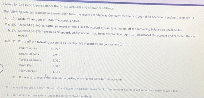  Entries for Bad Debt Expense under the Direct Write-Off and Allowance