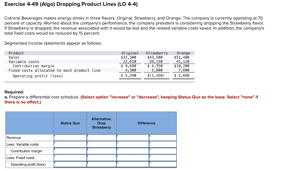  Exercise 4-49 (Algo) Dropping Product Lines (LO 4-4) Cotrone Beverages makes