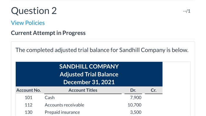  --/1 Question 2 View Policies Current Attempt in Progress The completed