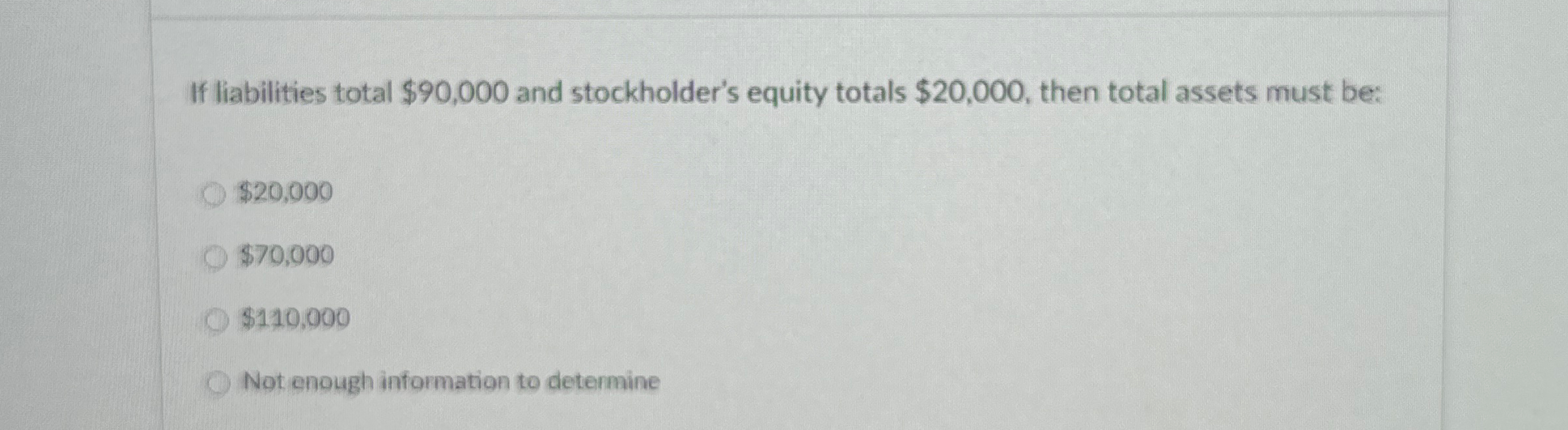 If liabilities total $90,000 and stockholder's equity totals $20,000, then total