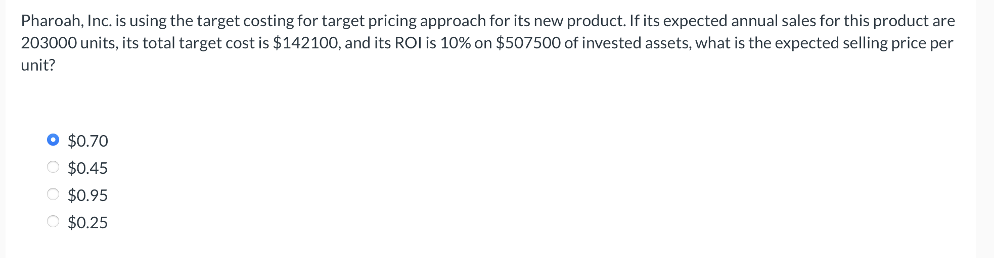 Pharoah, Inc. is using the target costing for target pricing approach