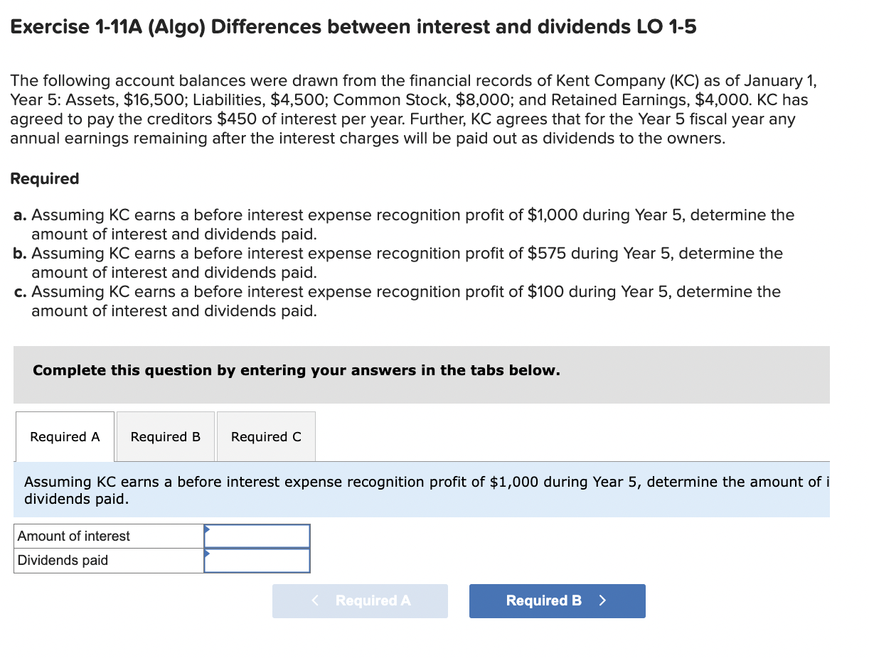  Exercise 1-11A (Algo) Differences between interest and dividends LO 1-5 The