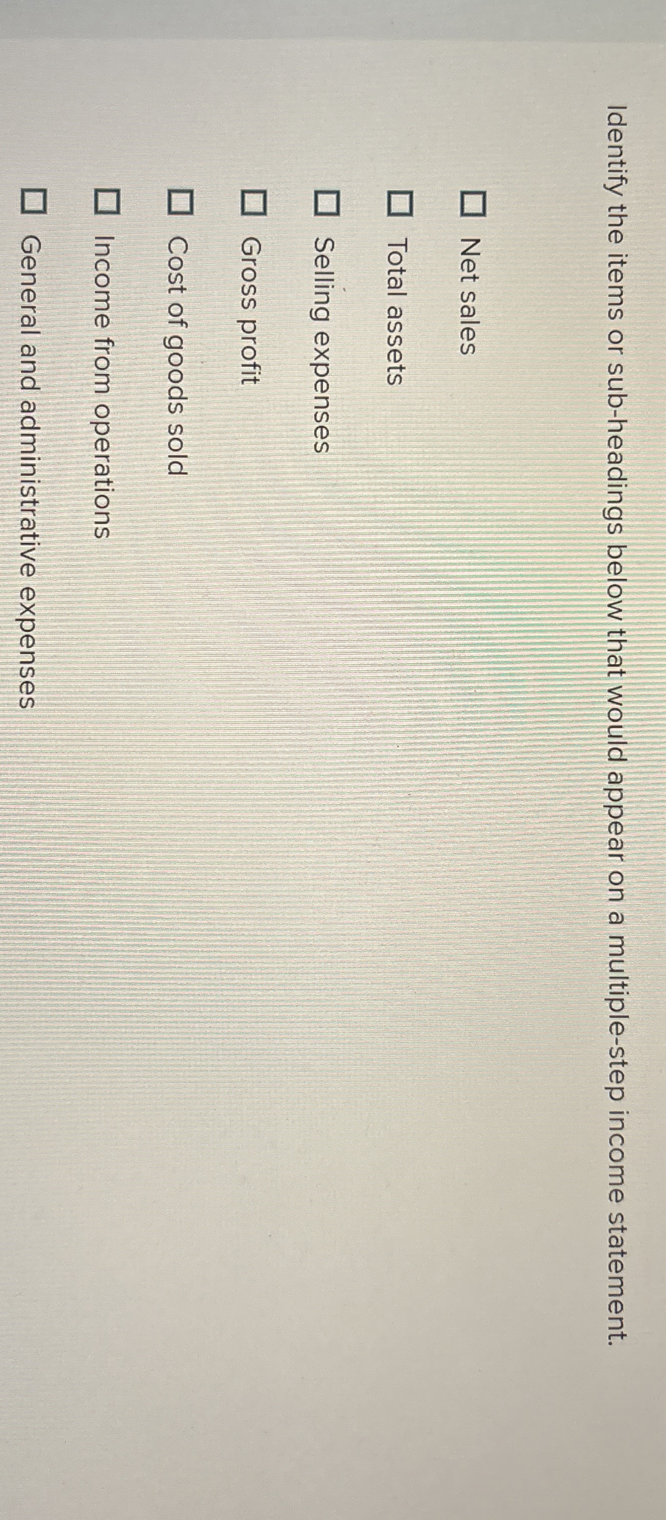  Identify the items or sub-headings below that would appear on a