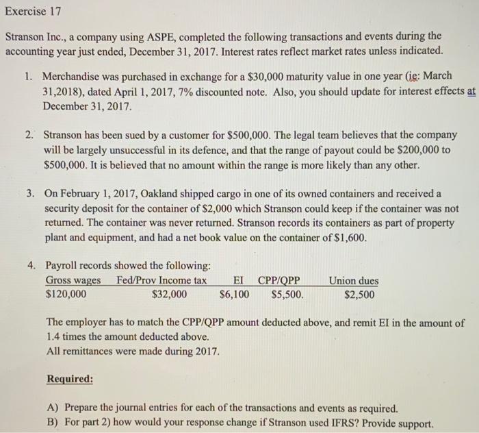please help!! Exercise 17 Stranson Inc., a company using ASPE, completed the