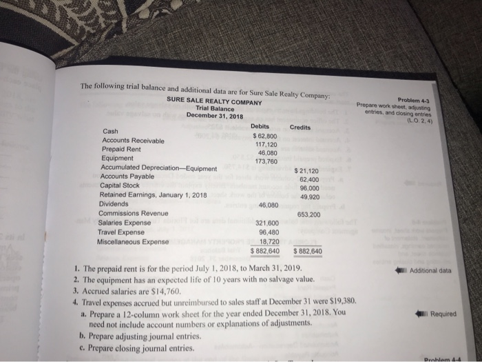  Problem 4-3 Prepare worksheet, adjusting entries, and closing entries (LO.2.4) The
