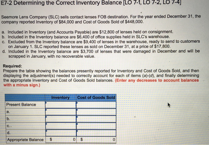  E7-2 Determining the Correct Inventory Balance [LO7-1, LO7-2, LO7-4]Seemore Lens Company